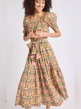 Mille Francoise Pink & Green Floral Skirt with Tassel Belt, XS